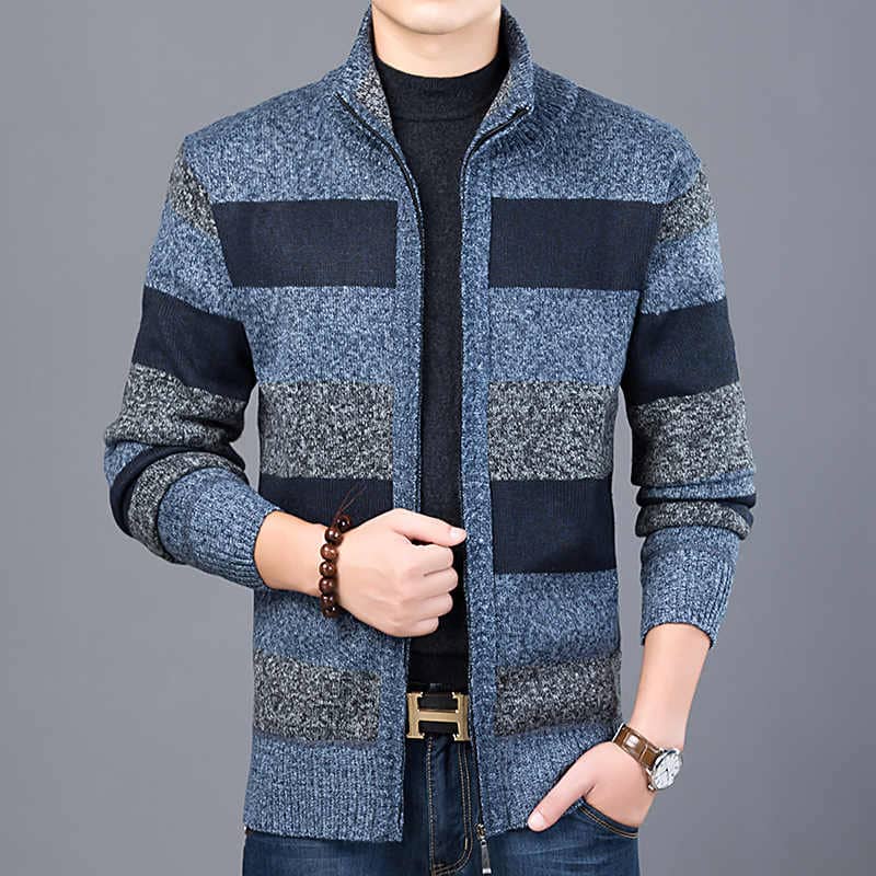 Mens Cardigan Sweater Thick Striped Zip Sweater - Gift Wows